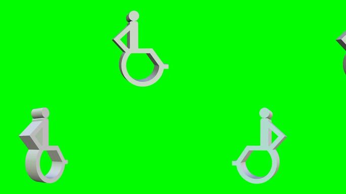 动画轮椅图标，绿色屏幕上动画的3d轮椅象形图