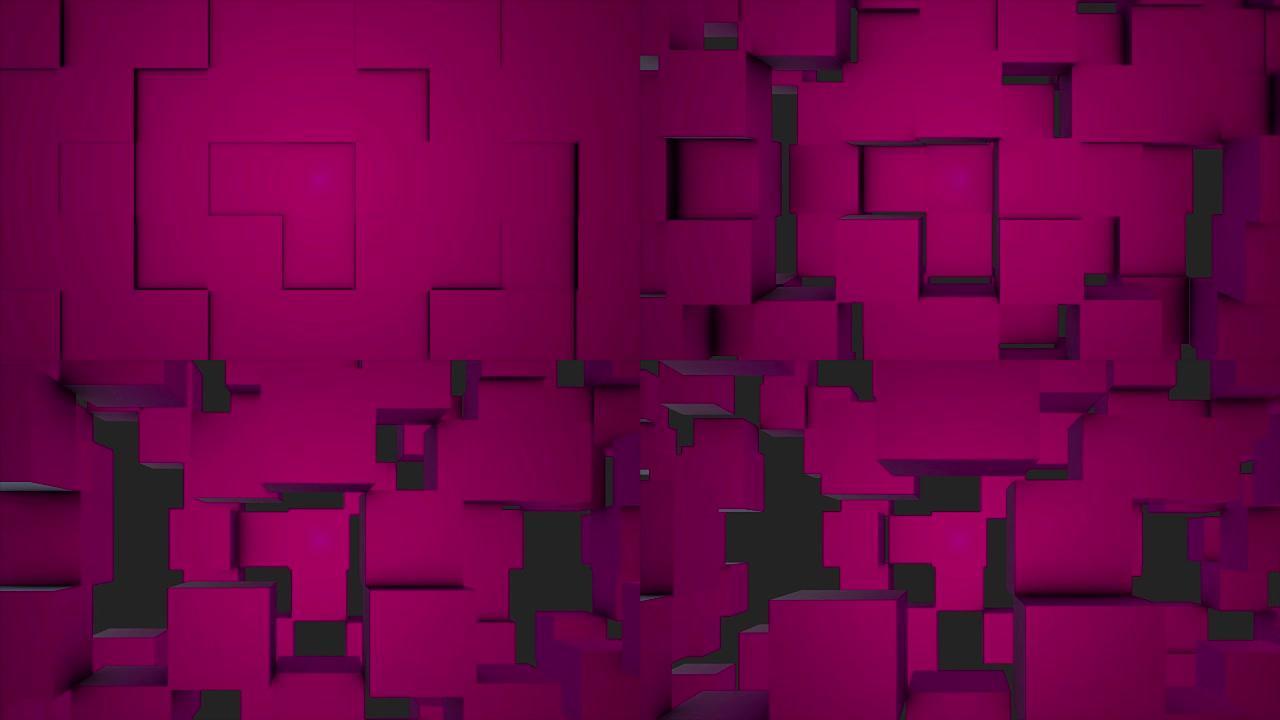 抽象立方体背景随机运动，3d可循环动画。抽象彩盒背景。无缝循环抽象立方体背景。粉色立方体