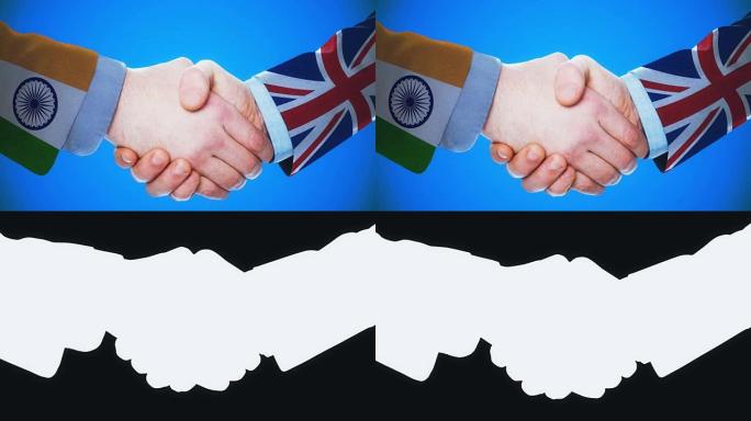 印度-英国/握手概念动画国家和政治/与matte频道