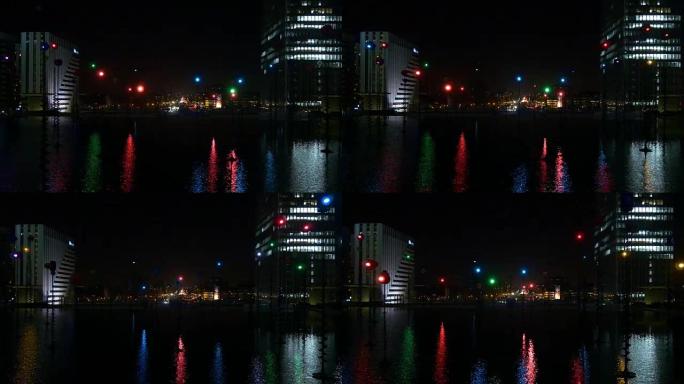 法国夜灯巴黎拉芳拱门商业区现代建筑喷泉4k