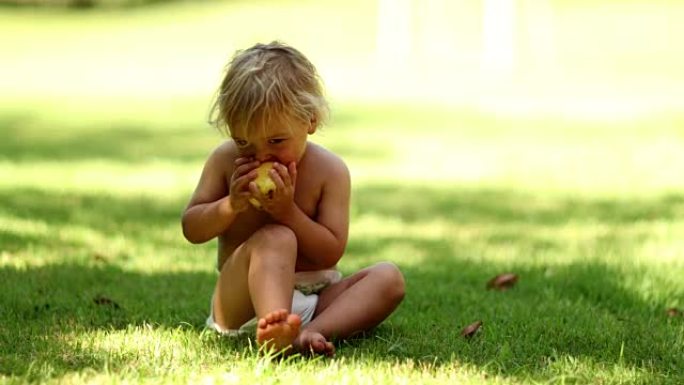 幼儿坐在户外草地上吃梨果的坦率肖像-4k剪辑分辨率