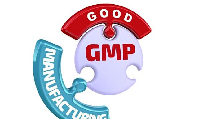 GMP。良好生产规范。拼图形式的复选标记