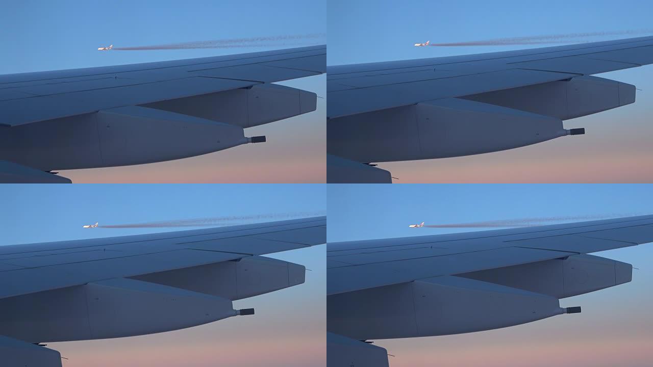 从飞机窗口观看，飞机机翼、喷气客机、凝结尾迹、飞机、4K