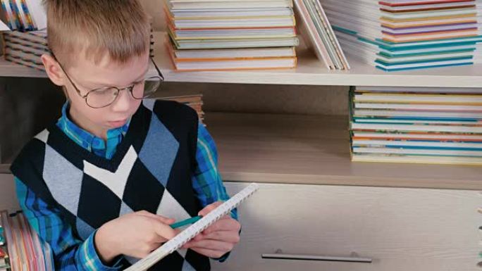 戴眼镜的七岁男孩在坐在书中的素描本上写东西。