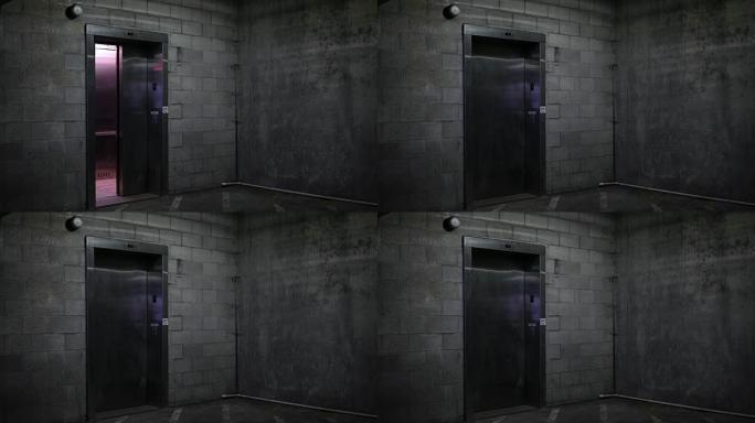 电梯门在黑暗停车场的地下室地面关闭