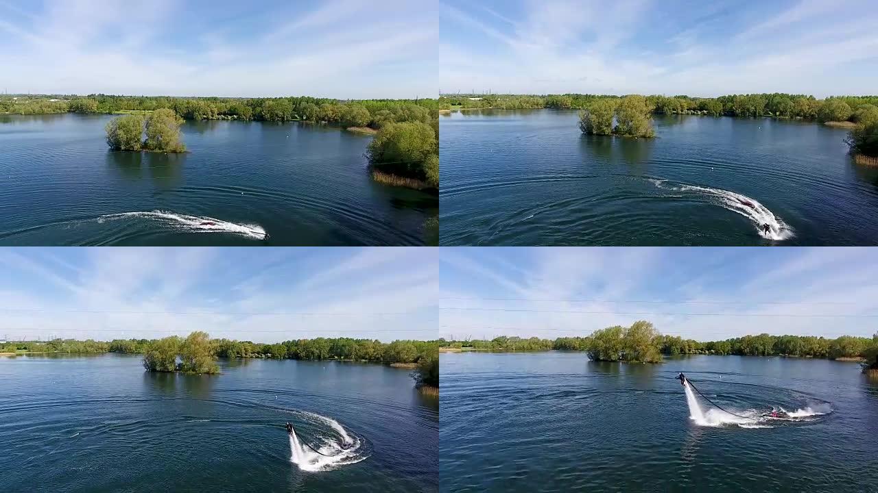 Jetlev flyer，运动员，运动员飞越湖泊并表演特技