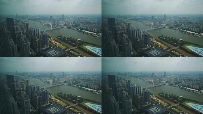 白天时间广州市中心河边著名的俯视点慢动作全景4k中国