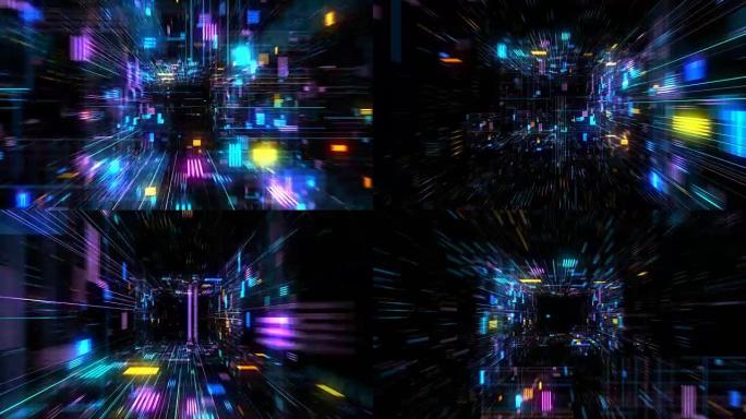 飞入宇宙未来派HUD隧道无缝VJ环路。4K 3D渲染循环