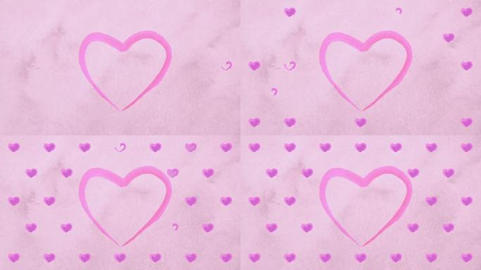 用粉红色水彩画的心相继出现，然后消失。纸箱纸纹理水彩心形画。