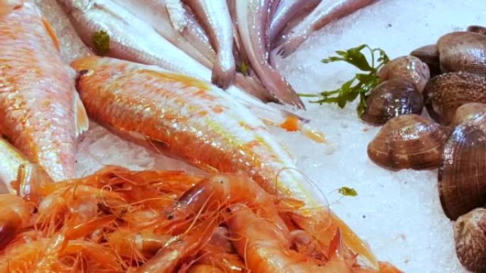 海鲜蟹龙虾鱿鱼虾小龙虾牡蛎贻贝贝壳在西班牙巴塞罗那冰镇鱼市场上