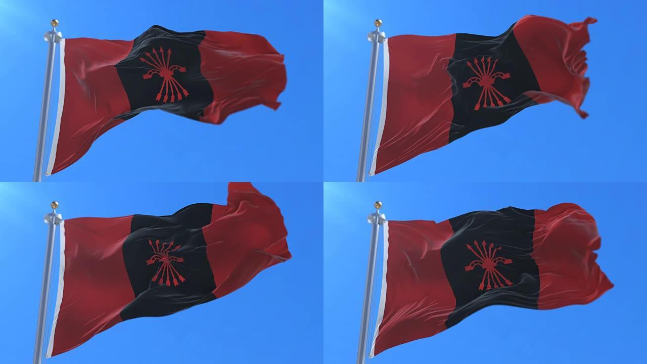 旗帜在蓝天上移动的西班牙党弗兰热Española德拉琼斯，循环