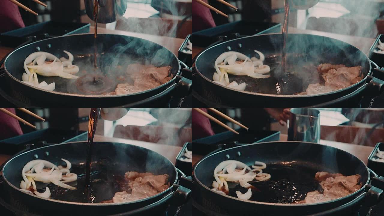 用寿喜烧汤煮猪肉，日本料理，超慢动作