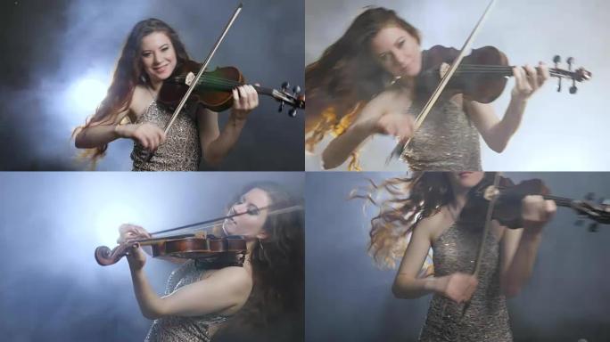美丽的女孩在音乐学院专业演奏小提琴交响曲