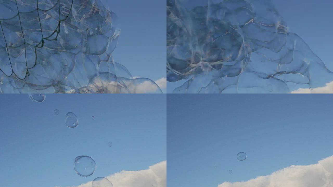 气泡漂浮的肥皂漂浮在蓝天上，云彩