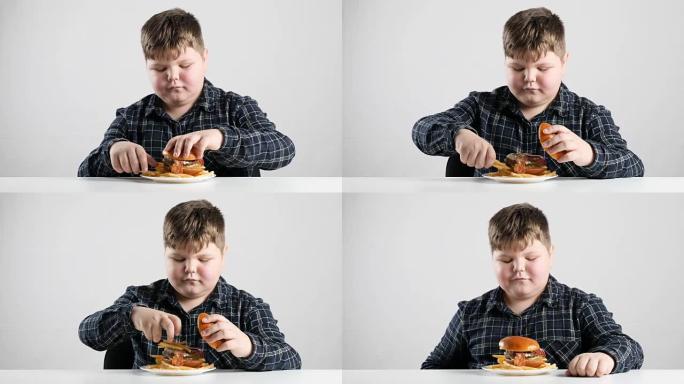 年轻的胖男孩将薯条添加到汉堡50 fps