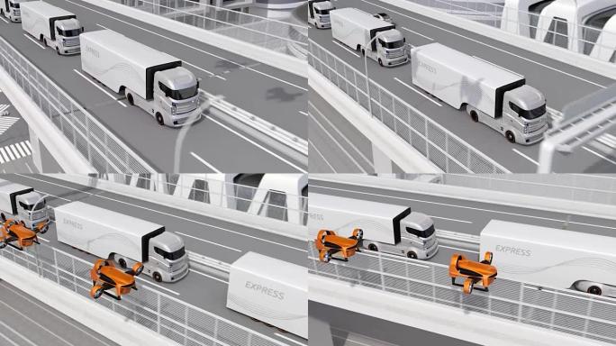 自动电动卡车和VTOL无人机在高速公路上排排