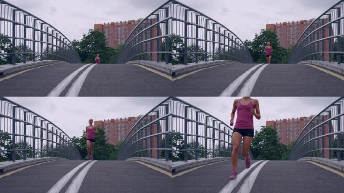 女孩在城市公园的桥上奔跑