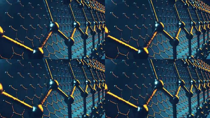 石墨烯原子纳米结构可循环动画。蜂窝形式的纳米管。概念纳米技术与科学。3d动画