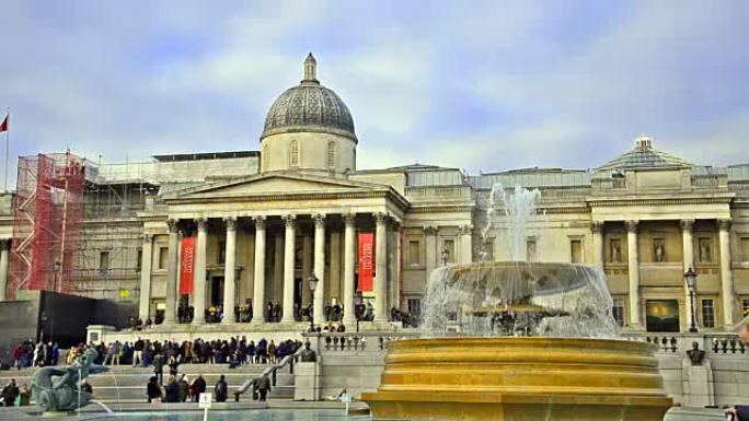 英国伦敦day的国家美术馆和特拉法加广场喷泉