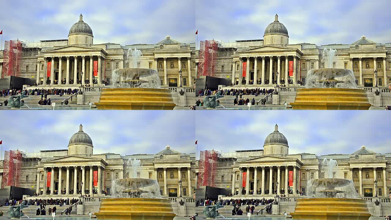 英国伦敦day的国家美术馆和特拉法加广场喷泉