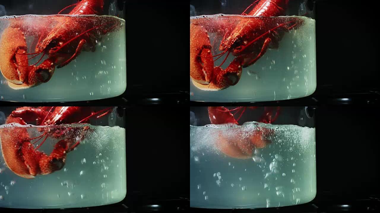 用龙虾在玻璃锅中煮沸的4k水