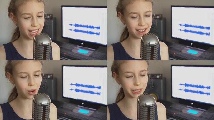 小女孩在家庭录音棚唱歌。