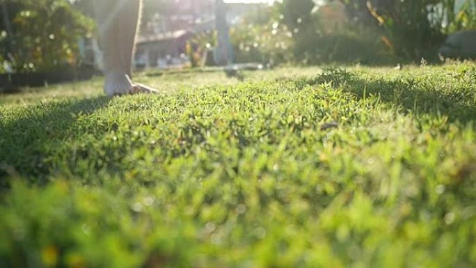 男人赤裸的脚走在草地上在阳光明媚的日子与镜头光晕效果在慢动作。健康的生活方式。1920 x1080