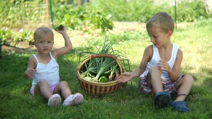 两个孩子带着一篮子新鲜采摘的蔬菜