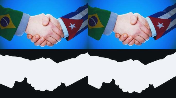 巴西-古巴/握手概念动画国家和政治/与matte频道