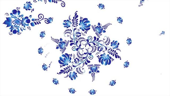 白色背景上的Khokhloma蓝色。白色背景上的Khokhloma蓝色动画。俄罗斯Khokhloma