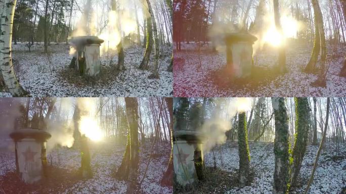在冬季森林景观树木和热水蒸汽中行走，背景是日落太阳，POV