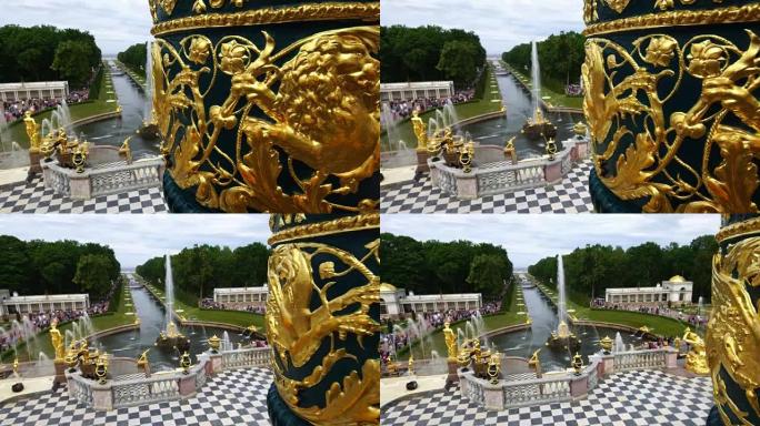 跟踪镜头显示俄罗斯圣彼得堡彼得霍夫的宏伟宫殿喷泉和雕塑公园