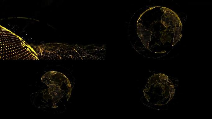 像素3D金色闪亮地球在与波粒一起旋转。地球旋转动画未来技术概念，空空白为您的文本和标志。