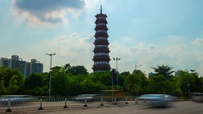 阳光灿烂的一天广州市著名的宝塔交通街全景4k延时中国