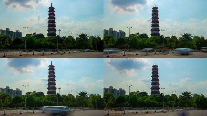 阳光灿烂的一天广州市著名的宝塔交通街全景4k延时中国