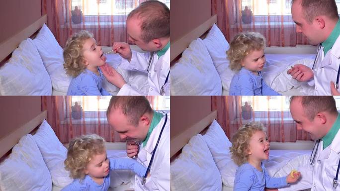 专业男医生检查他的小病人女孩坐在床上的喉咙