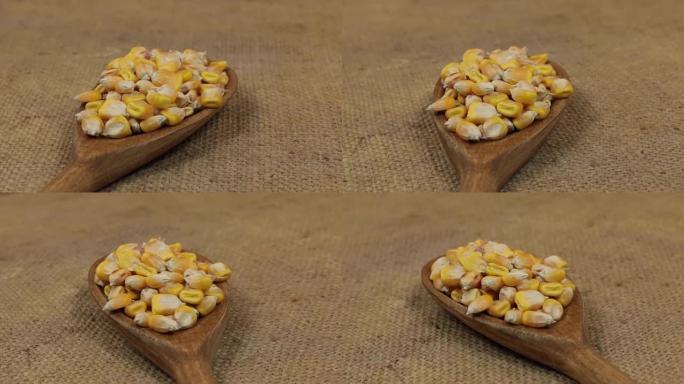 特写，勺子旋转着一堆玉米粒躺在粗麻布上