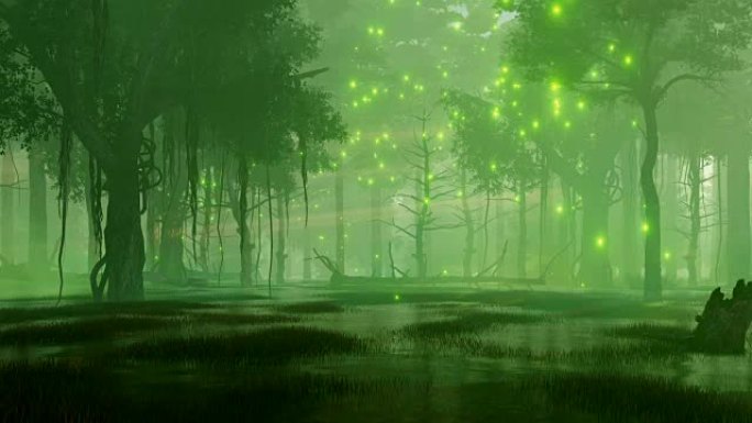 沼泽夜森林中的神秘萤火虫灯
