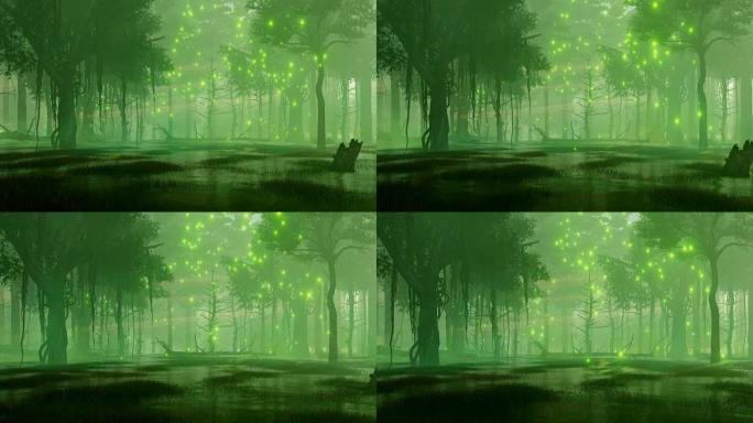 沼泽夜森林中的神秘萤火虫灯