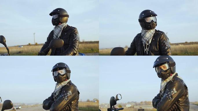 现代摩托车头盔自行车手的肖像。全高清