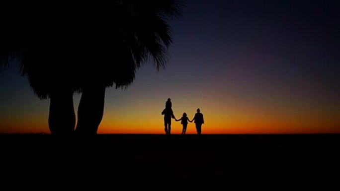 热带日落。一个有两个孩子的家庭牵着手走开了。棕榈树的轮廓。一个孩子坐在父亲的肩膀上