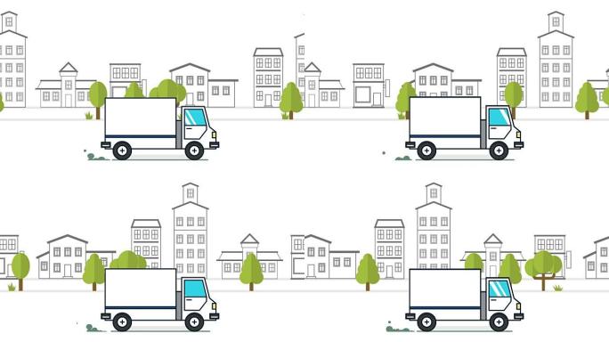 城市背景下的送货卡车动画。2d动画。移动城市背景。卡通汽车