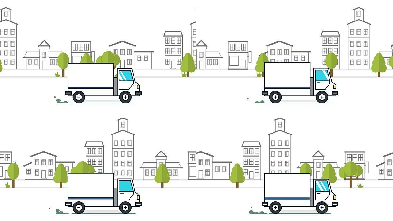城市背景下的送货卡车动画。2d动画。移动城市背景。卡通汽车