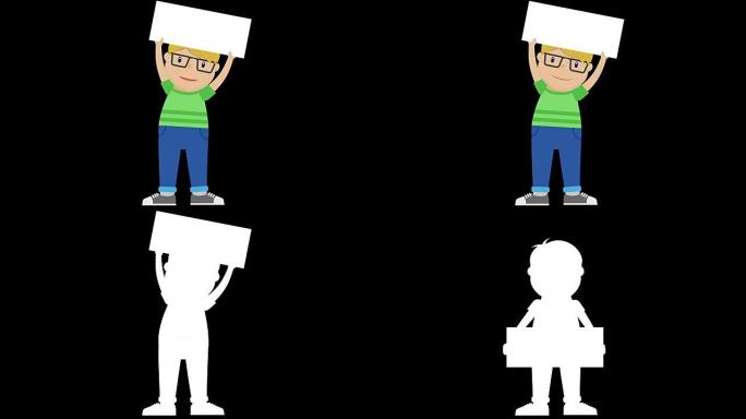 男孩角色动画，手持标志和阿尔法哑光说话循环。