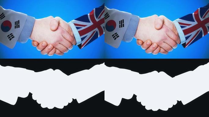 韩国-英国/握手关于国家和政治的概念动画/有哑光频道