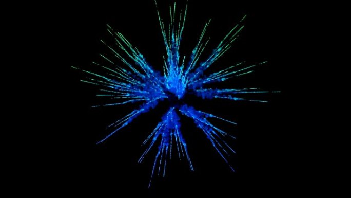 黑色背景上蓝色粉末的爆炸。粒子的3d动画作为彩色背景或效果叠加。五颜六色的油漆粉末的爆发，如胡里节。