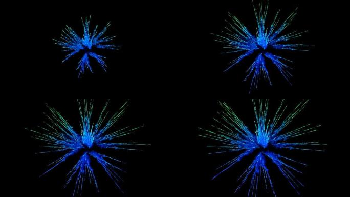 黑色背景上蓝色粉末的爆炸。粒子的3d动画作为彩色背景或效果叠加。五颜六色的油漆粉末的爆发，如胡里节。
