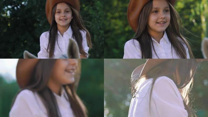 相当可爱的年轻女孩骑着友好的马，微笑着。慢慢地