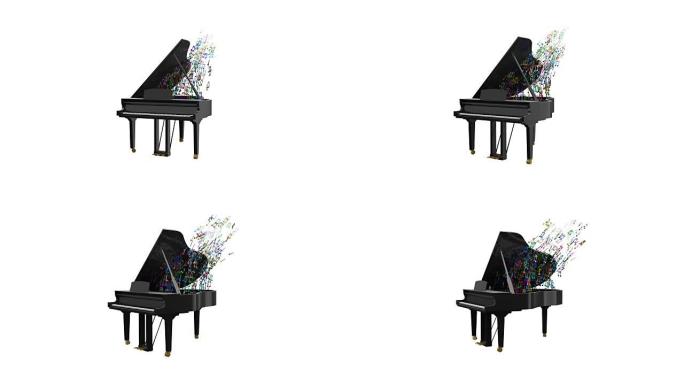 黑色光泽钢琴，带有飞行音符。