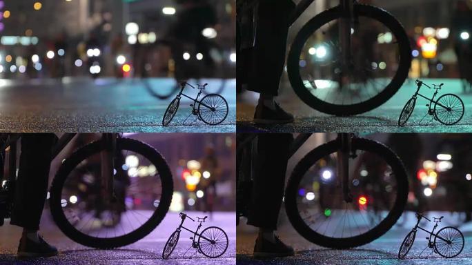 在小规模自行车timalapse模型的背景下，许多骑自行车的人在夜间骑自行车游行中被照明的夜市街道模